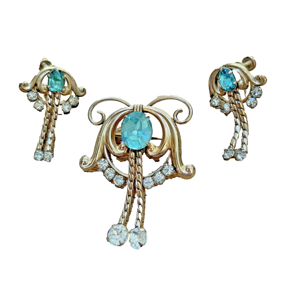 De Curtis Blue & White Rhinestone Brooch & Earrings 1/20 12k Gold Filled Vintage
